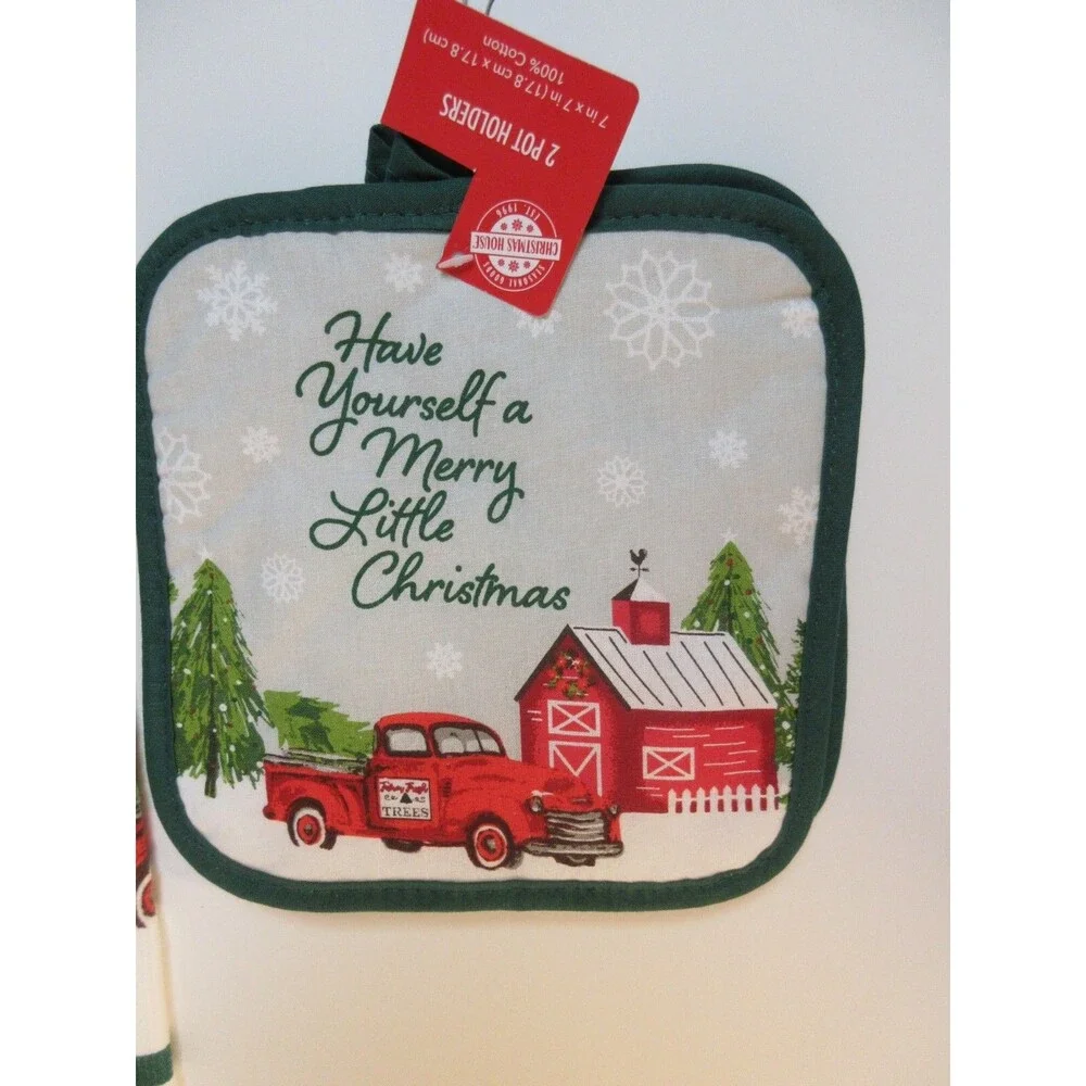 Christmas Holiday Kitchen Towels, Pot Holders, Oven Mitt 4pc Set -Truck & Barn
